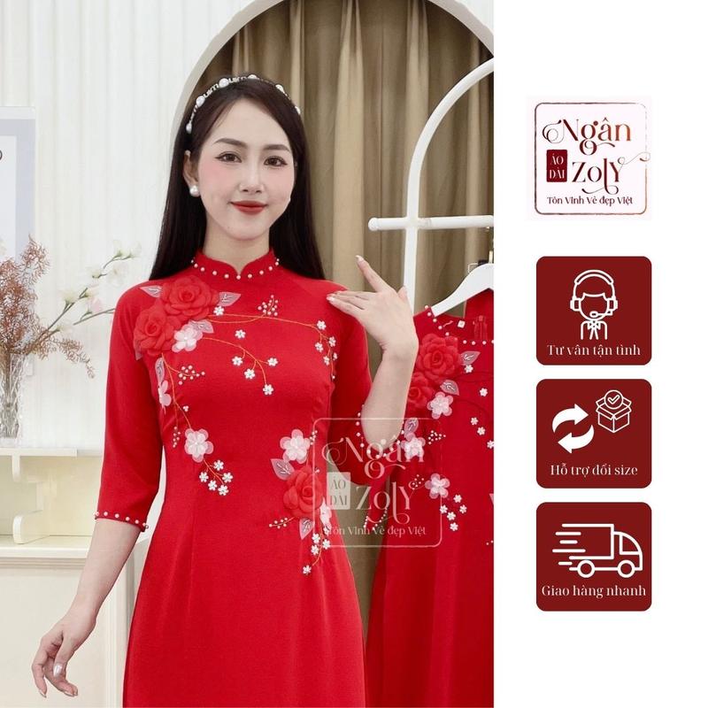 D7 Áo dài đỏ Lụa Mỹ đính kết hoa thủ công - Áo dài Nữ 6