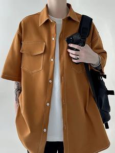 Men's Contrast Color Lines Short Sleeve Shirt, Loose Casual Button Lapel Collared Top for Summer, Shirt for Men, Back To School Outfit, Fashion Men's Clothes for Daily Wear