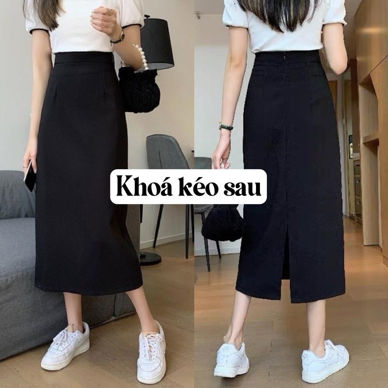 Chân Váy Dài Chữ A Xẻ Tà Sau, Khóa sau & Cạp chun, Dài 82cm, Chất Umi Hàn Loại 1, Co Giãn 4 Chiều, Ôm Sát