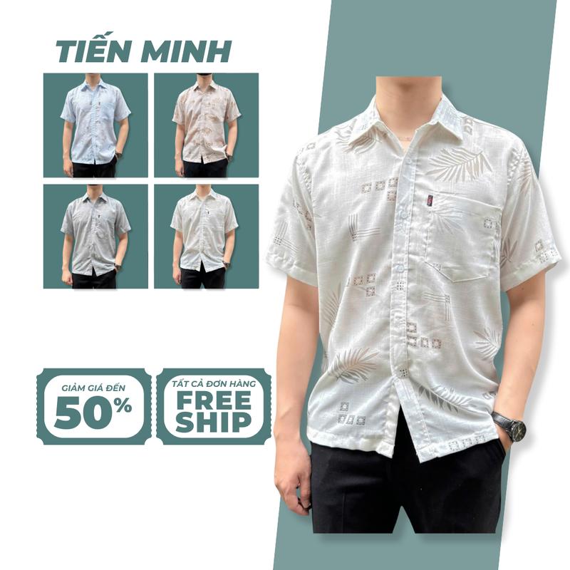 (Mã 17) Áo Sơ Mi Vải Đũi Trung Cao Cấp Trung Niên Ngắn Tay Dáng Suông Vạt Ngang Tiến Minh Họa Tiết Menswear TM17 Ong Trắng