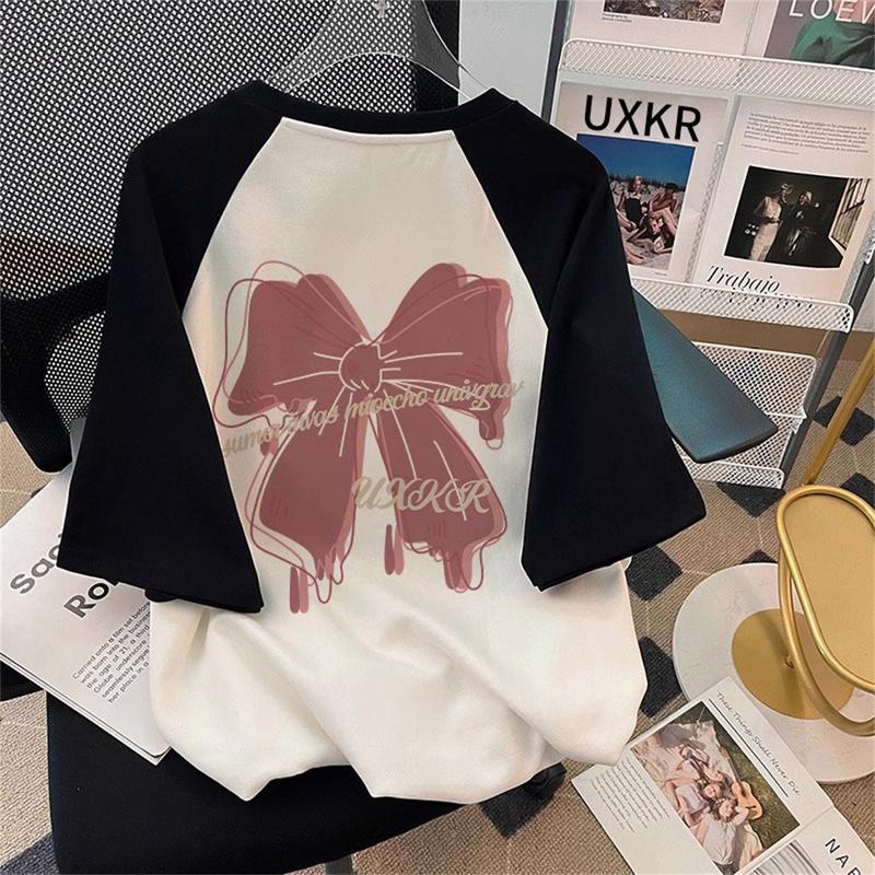 Áo Thun Ngắn Tay Raglan Thắt Nơ Phong Cách Preppy Nhật Bản, Cho Bé Gái, Chất Liệu Bông Mùa Hè, Thích Hợp Cho Trẻ Lớn, Thời Trang Phong Cách Phương Tây, Áo Học Sinh 1