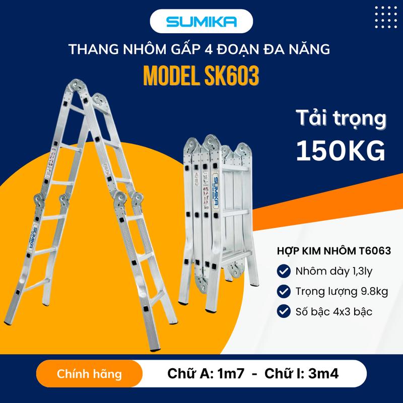 Thang nhôm gấp 4 đoạn SUMIKA SK603, SKM603, chữ A cao 1.7m, chữ I cao 3.4m, 14 tư thế sử dụng, tải trọng 150kg