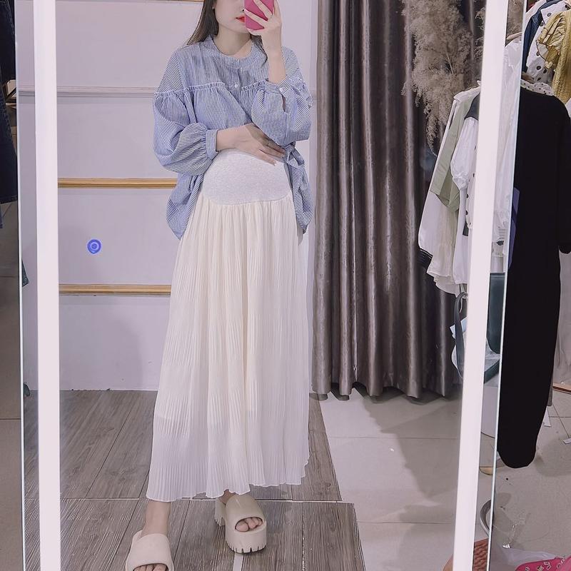 Chân váy bầu dáng dài qua gối,chất xốp nhăn mềm,hai màu đen kem Đầm Bầu