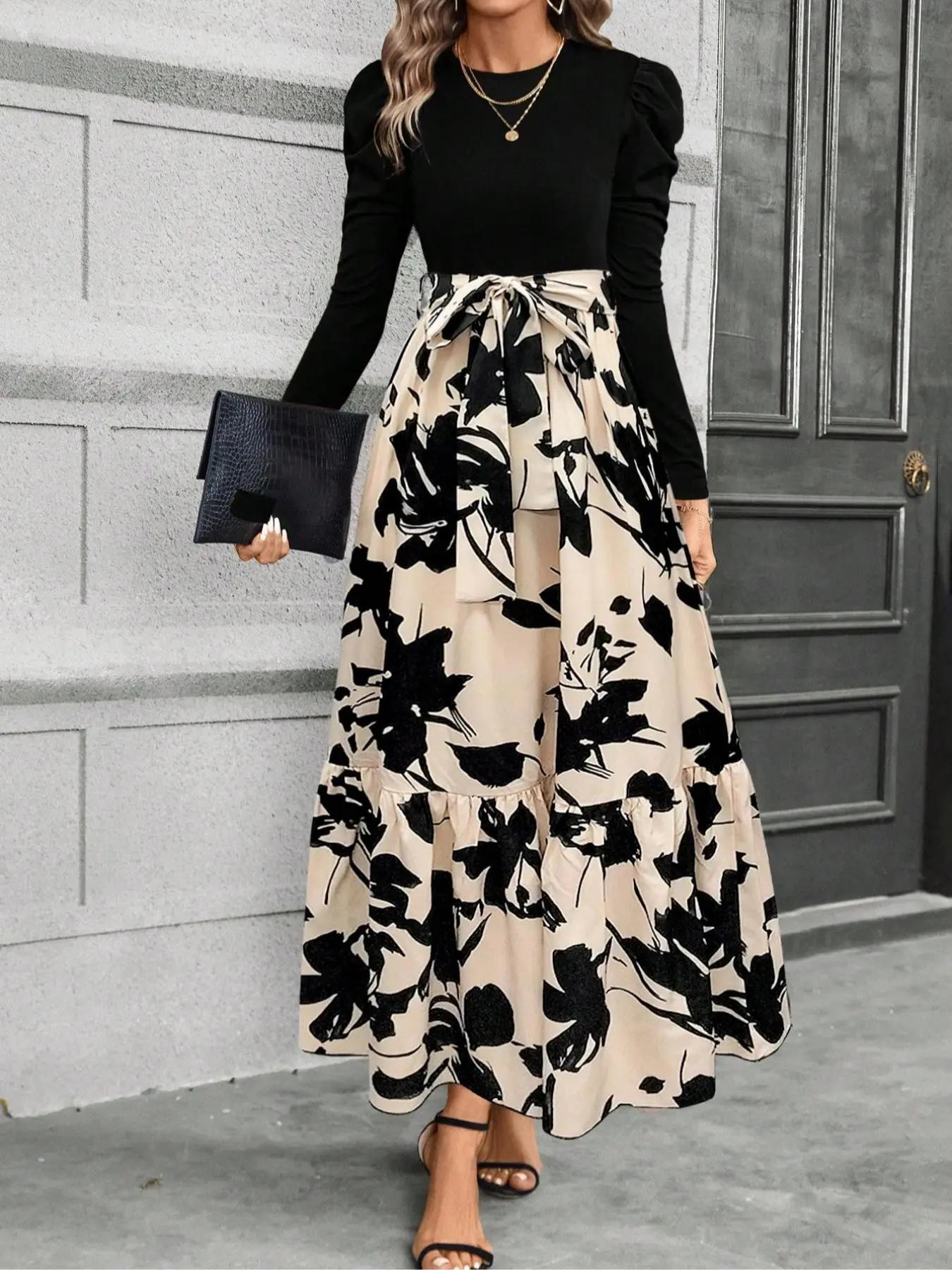 Women's 2 IN 1 Floral Print Belted Long Sleeve Dress, Elegant Fashion Casual Round Neck Dress for Daily Outdoor Wear, Ladies Dress for All Seasons