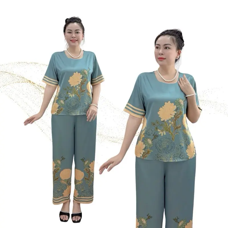 Y18 Đồ Bộ Trung Niên Lụa Latin Cao Cấp Thiết Kế Hoa Cúc Quý Phái, Quần Ống Suông , Phom Dễ Mặc , Sang Trọng Gu Chị - Gu Em