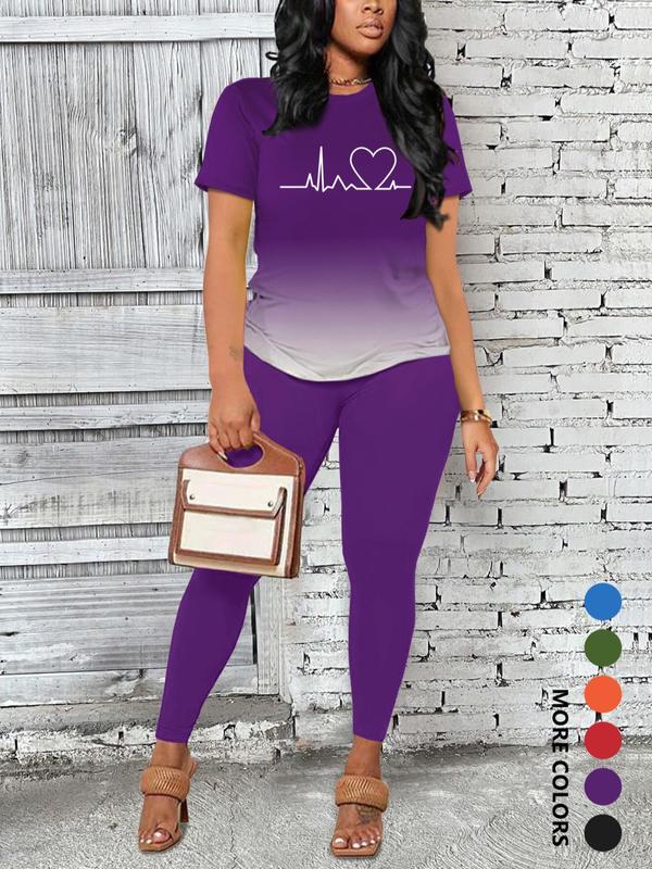 Women's Ombre Letter Print Short Sleeve Tee & Leggings Set, Casual Round Neck T-Shirt & Skinny Pants For Daily Wear, Ladies Two-Piece Outfits For All Seasons 1