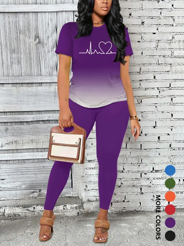 Women's Ombre Letter Print Short Sleeve Tee & Leggings Set, Casual Round Neck T-Shirt & Skinny Pants For Daily Wear, Ladies Two-Piece Outfits For All Seasons 1