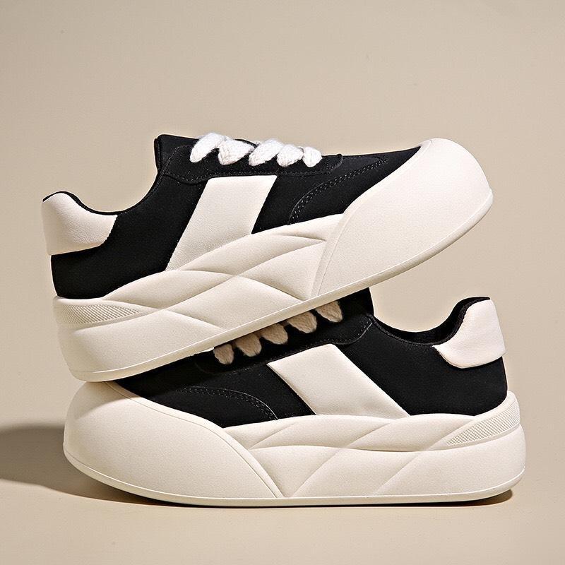 Giày thể thao sneaker nữ QCCC fullbox phối sọc chất da lộn đế xoắn 4cm 2 màu đen/nâu Shoes Caro - Giày Yellow