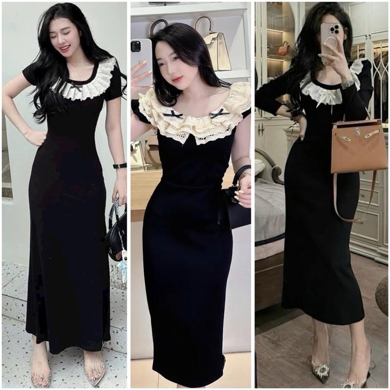 [D99 BẦU MANG ĐƯỢC] Váy Body Zip Ren Dáng Ôm Ngắn Dài Nữ  Nhung Sen Voan Tre Voi Kho Sỉ Bảo Ngọc Đen