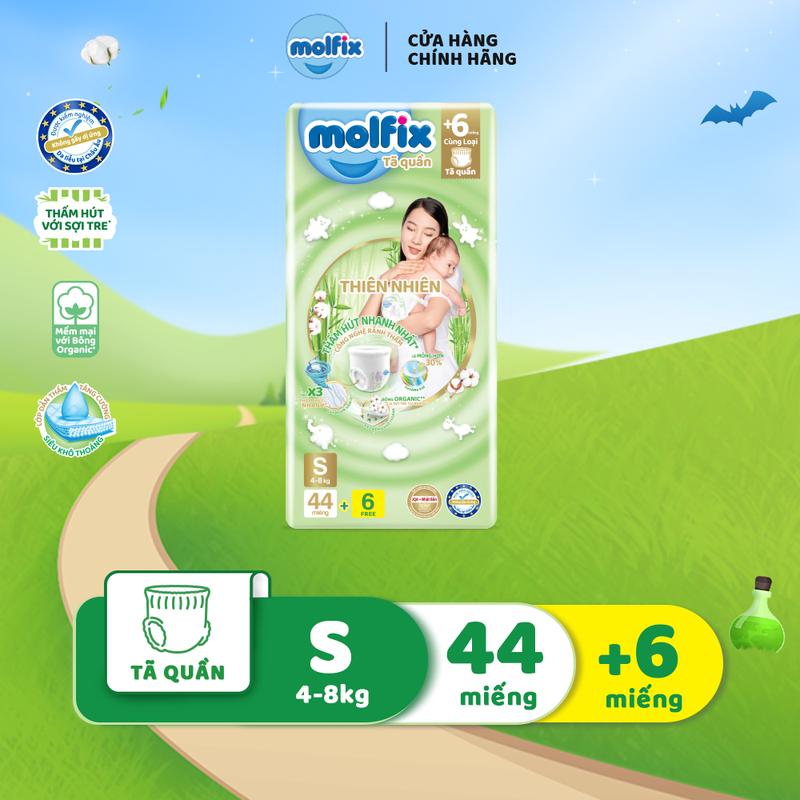 [BAO BÌ MỚI] Tã/Bỉm Quần Molfix Thiên Nhiên Jumbo Với Sợi Tre Tự Nhiên Và Bông Organic Siêu Thấm Hút - 6 Size S/M/L/XL/XXL/XXXL (4kg - 35kg)