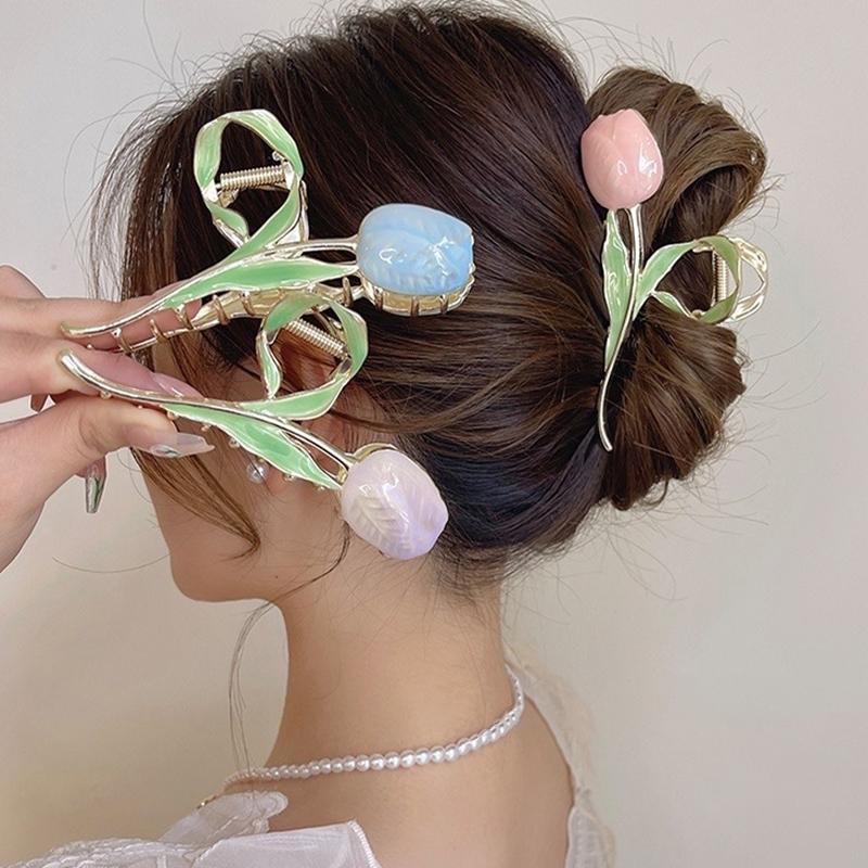 Kẹp tóc cá mập kim loại hình hoa tulip nữ cao cấp cho người lớn