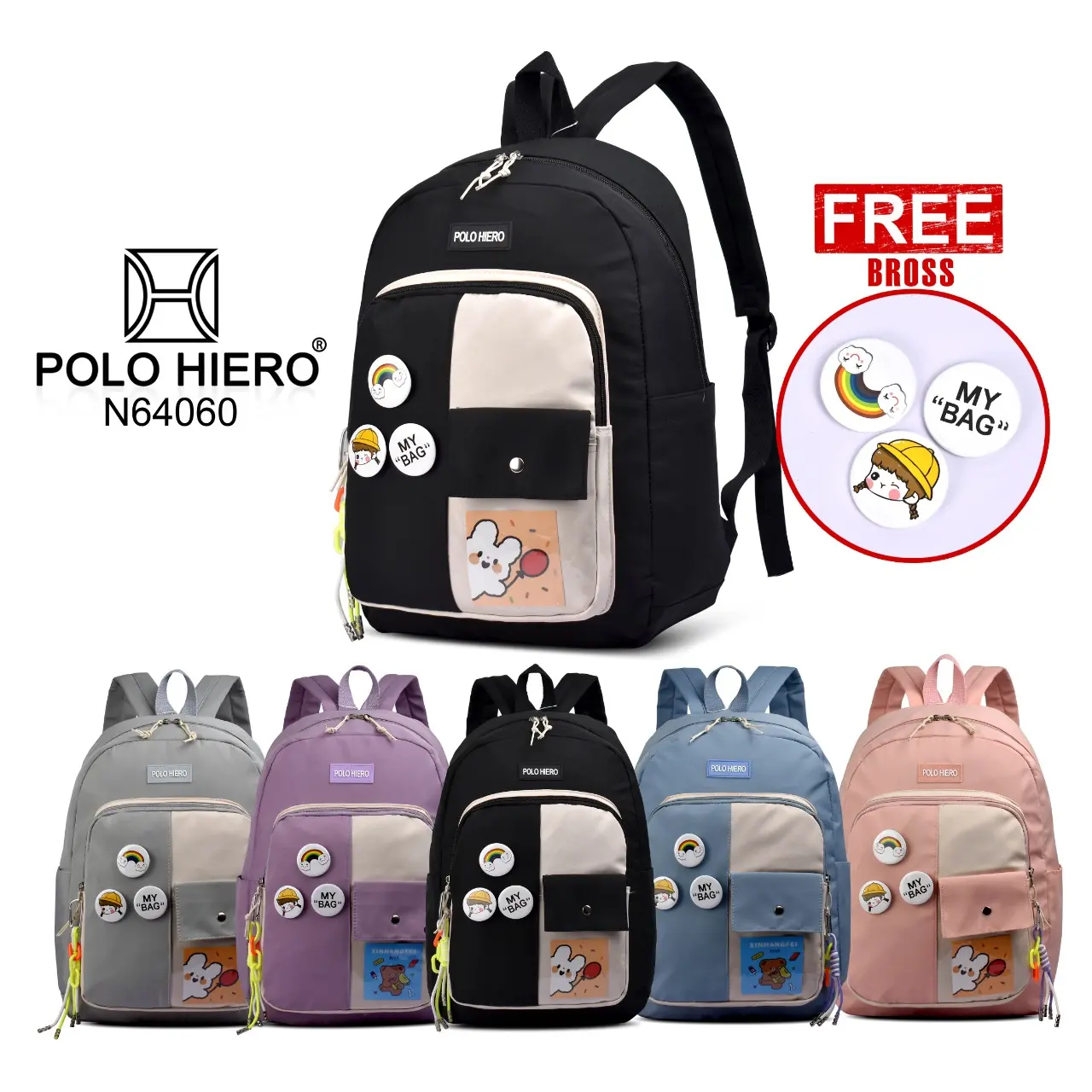 Tas Wanita Polo Hiero N64060 Tas Sekolah Ransel Punggung Perempuan Fashion Tas Travelling Kanvas Backpack