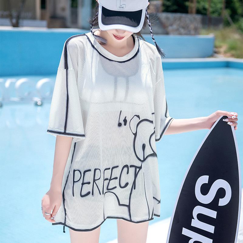 Product Introduction of Korean Style y2k Sports Swimwear Boyfriend Design Oversize t-Shirt Top Bra And Short 3piece Set Mesh White Swimsuit Bathing Suit 7