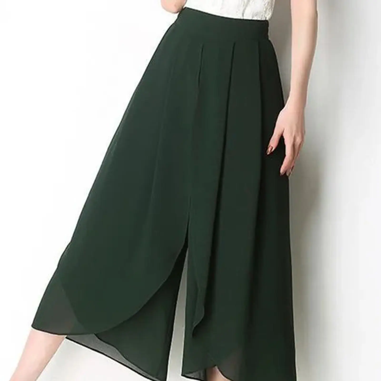 deransteh-Women Skirt Pants See-through Chiffon Double Layers Split Hem High Elastic Waist Solid Color Loose Wide Leg Mid-calf Length Cropped Pants