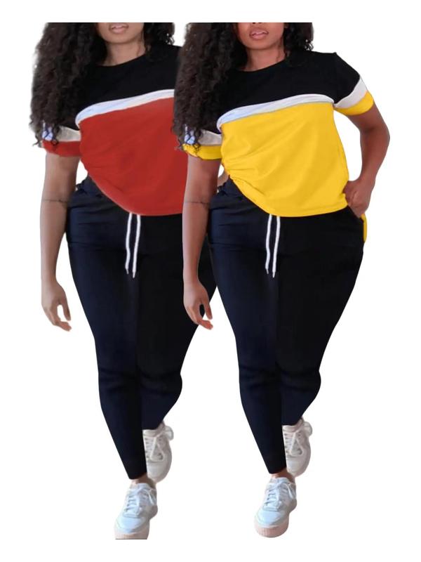 Lovelywholesale Two-piece Set Plus Size Colorblock Short Sleeve Tee & Drawstring Pocket Jogger Pants Set, Mean Girls Outfit, Co-ord Set for Women, Comfort Lady Co Ord Set, Casual Summer Clothes Set, Plus Size 2 Piece Sets 9