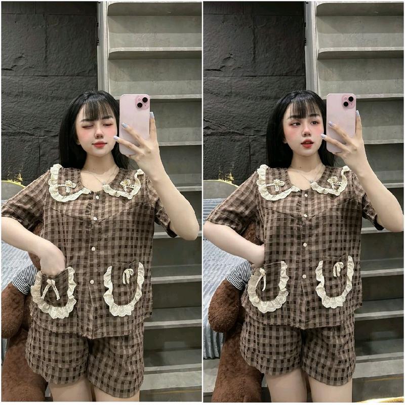 Bộ Đùi Mặc Nhà Cho Nữ Áo Vải Đũi Kẽ Mềm (40-58kg) - Women Voi Nho Kem 0