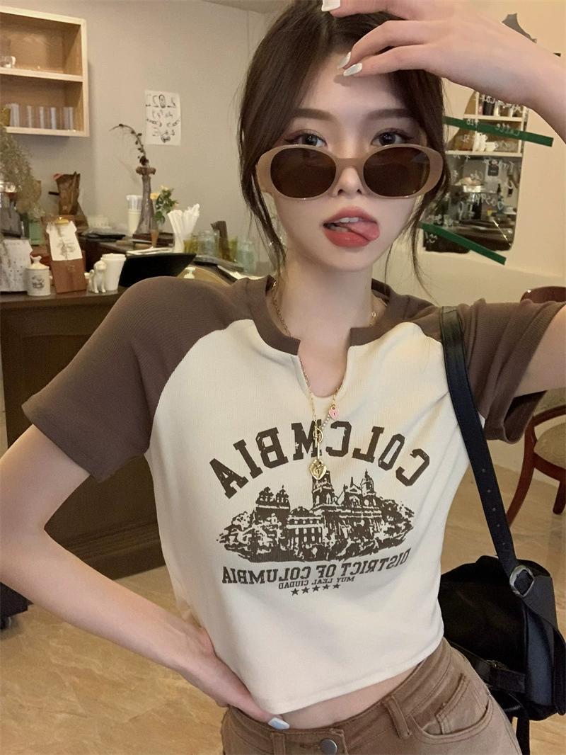Product Introduction of Trendy V-Neck Short Sleeve T-Shirt for Women Spring Summer 25 Styles Sweet and Spicy American Retro Design Short Student Top Fashion 12