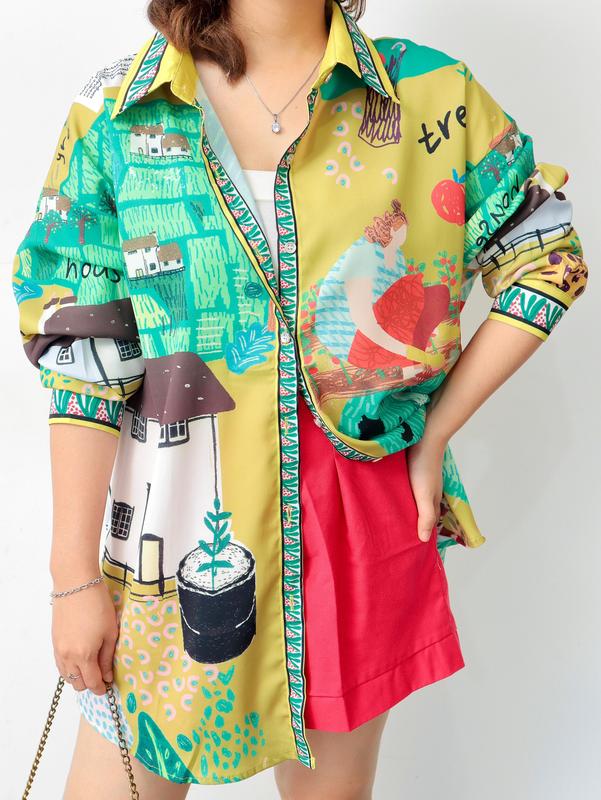 Kemeja Wanita Silk Aqiana Oversize - Baju Panjang Motif  Casual Atasan 5
