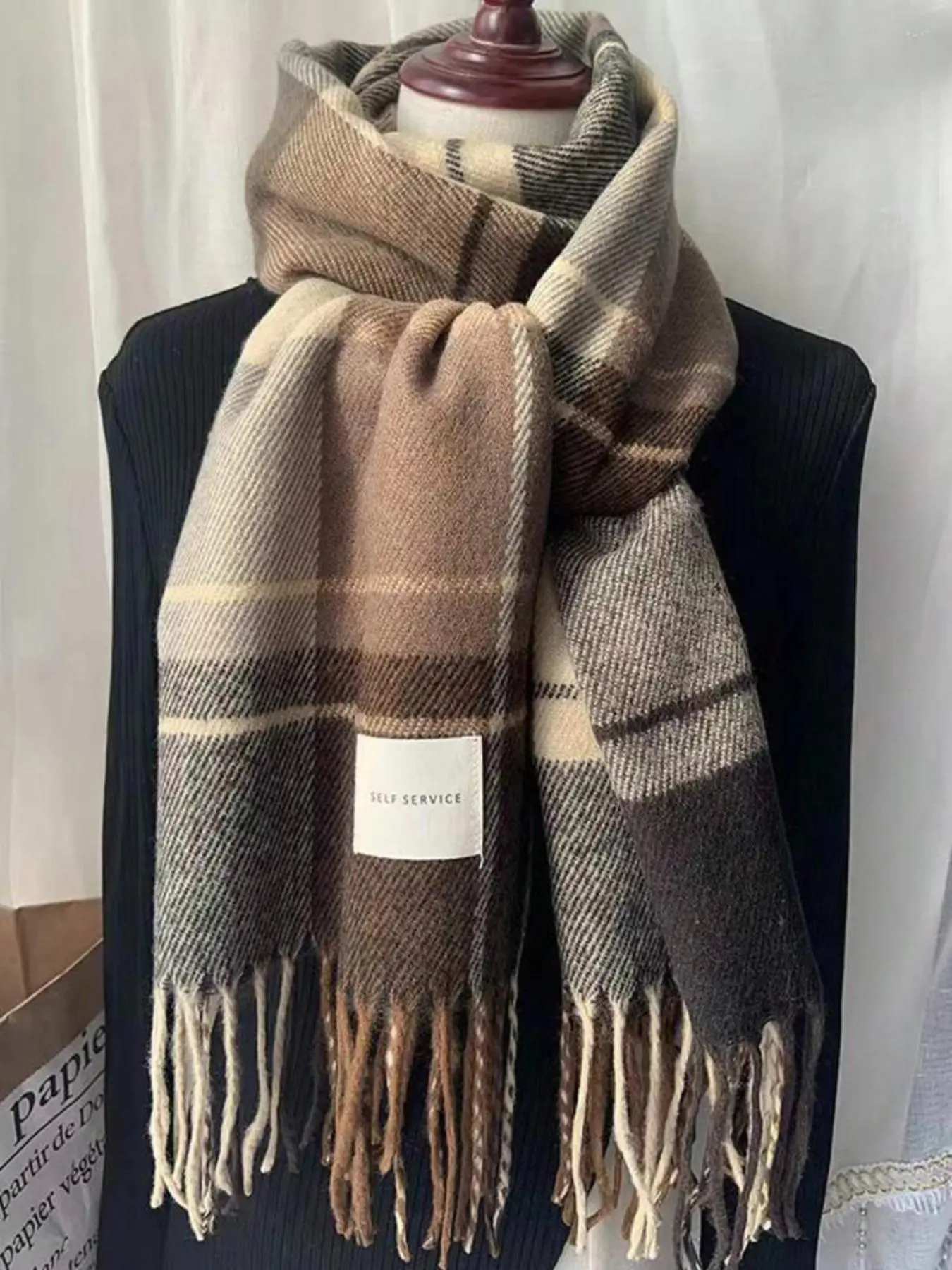 Plaid Pattern Tassel Decor Scarf, 2024 New Style Casual Soft Warm Shawl for Fall & Winter, Fashion Accessories for Women & Men Dainty Gift for Your Love Scarf For Women