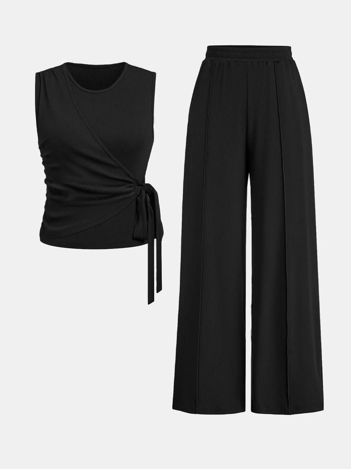 Women's Solid Ruched Tie Side Tank Top & Elastic Waist Wide Leg Pants Ribbed Two-Piece Set, Elegant Fashion Round Neck Sleeveless Top & Trousers for Daily Outdoor Wear, Ladies Clothes for All Seasons