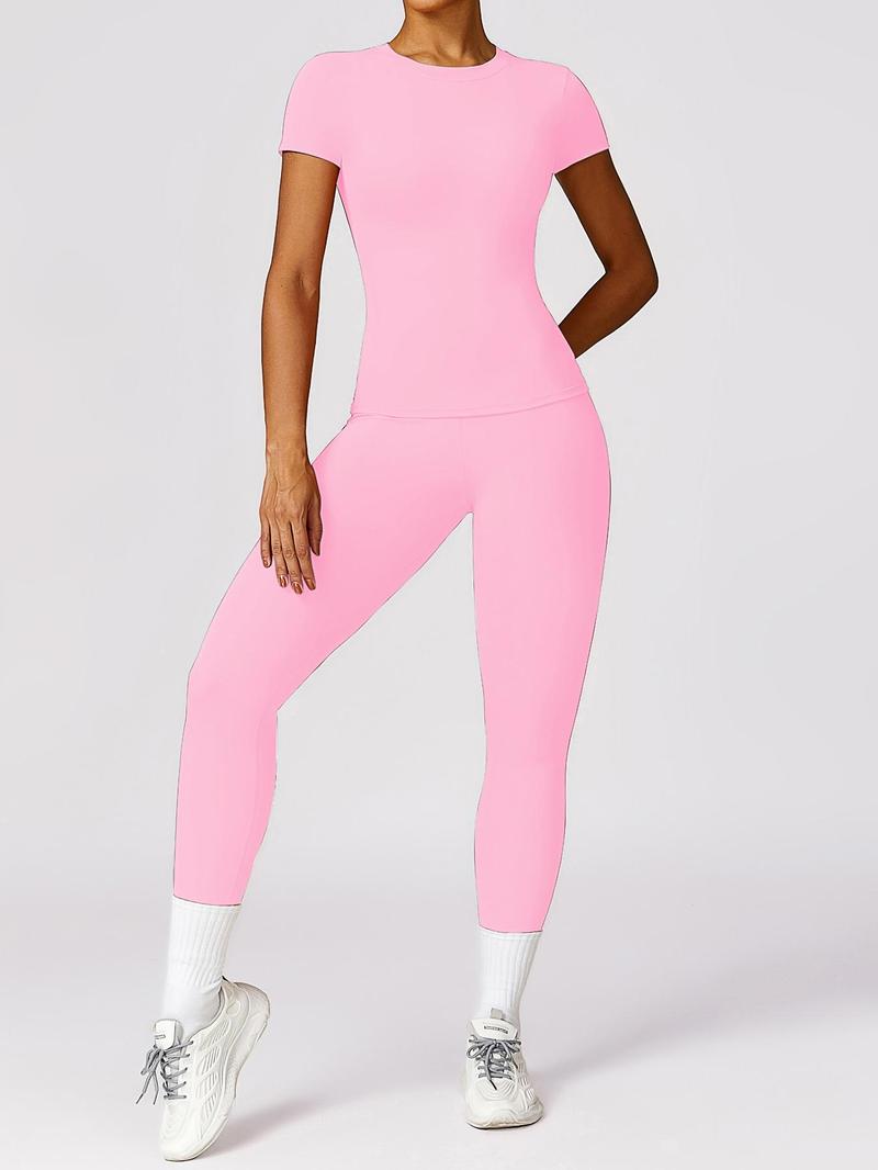 Product Introduction of Women's Solid Round Neck Tee & Leggings Tracksuit Set, Sporty Comfy Breathable Sportswear Set for Gym Workout Running, Ladies Sportswear for All Seasons, Activewear 1