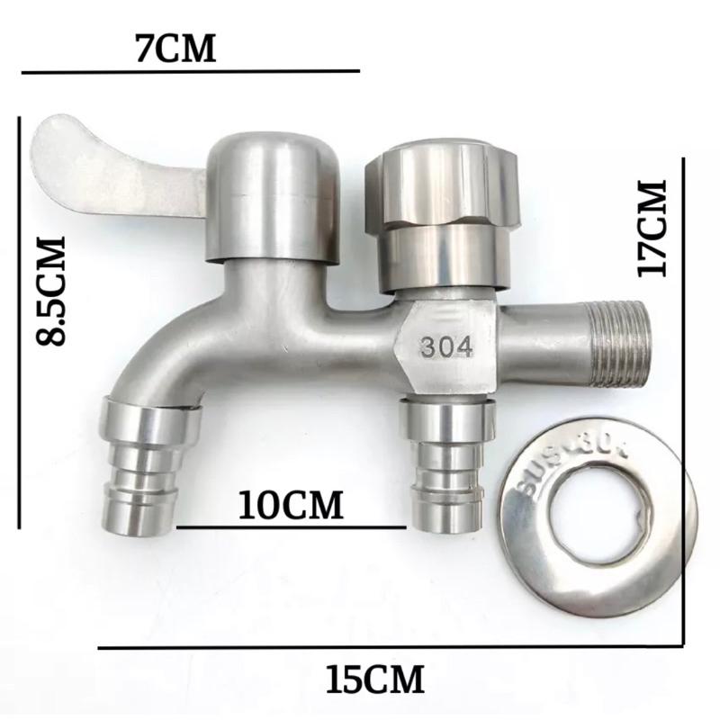 Vòi nước 2 đầu ra inox, Vòi nước 2 đầu cho máy giặt chia nước thành 2 cổng xả độc lập, chất liệu Inox 304 cao cấp