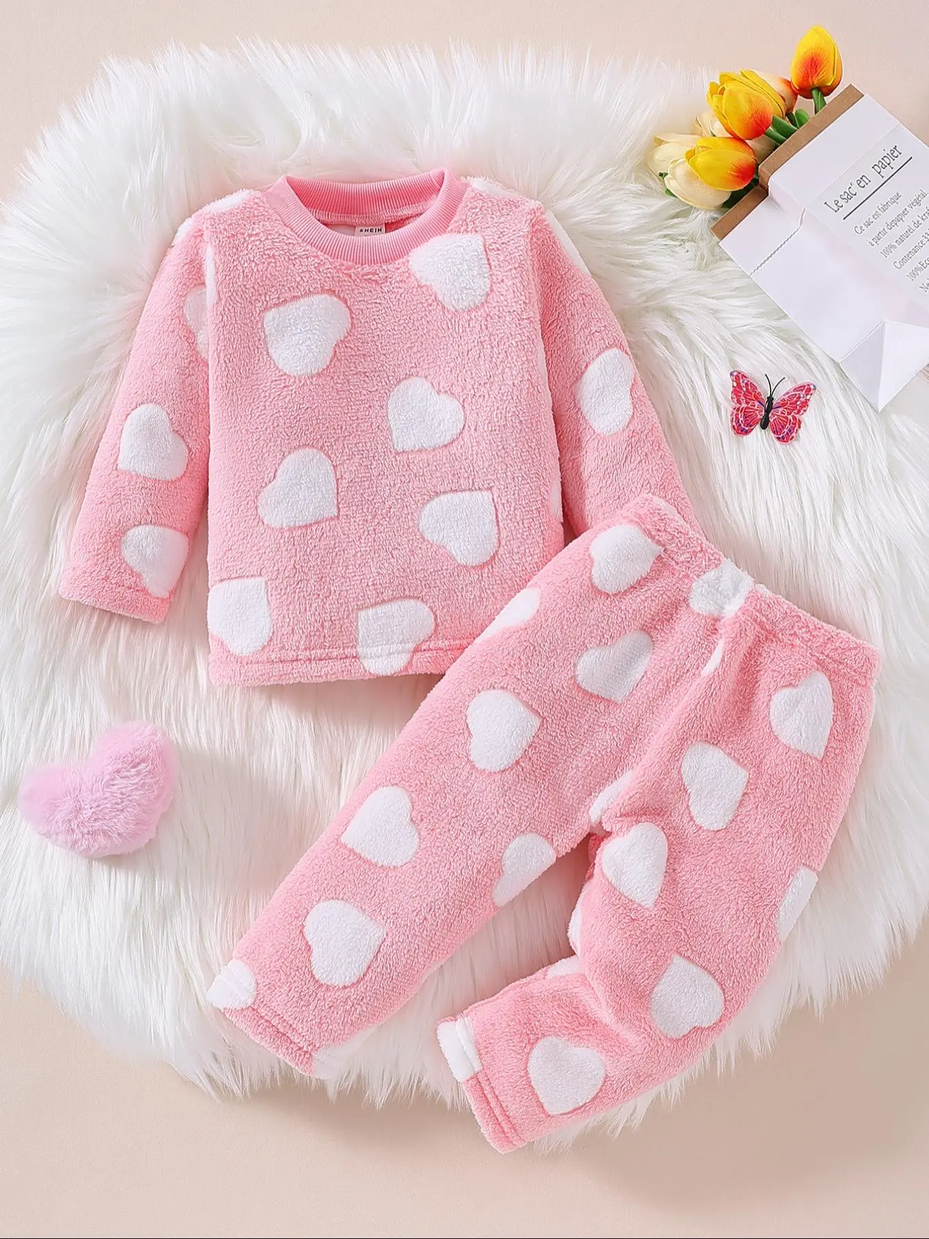 Girl's Heart Design Long Sleeve Top & Elastic Waist Pants Two-piece Set, Casual Round Neck Top & Trousers for Fall & Winter, Kids Clothes for Daily Wear