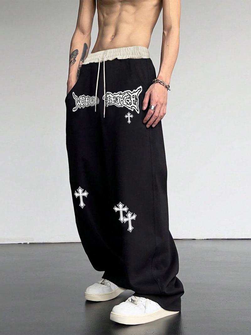 Product Introduction of Men's Patchwork Spider Web Print Drawstring Waist Pants, Casual Street Pocket Straight Leg Trousers for Daily Wear, Fashion Men's Bottoms for All Seasons 11