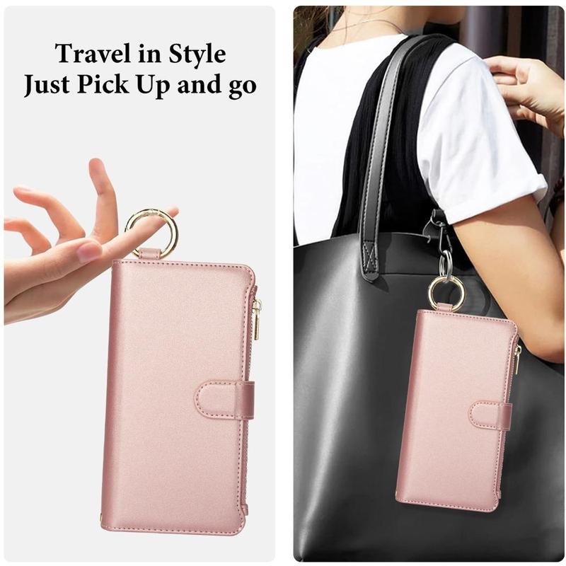 PU Leather Phone Case with Card Slots, 1 Count Zipper Wallet Design Phone Case with Finger Ring Buckle, Phone Accessories for Samsung Galaxy 4