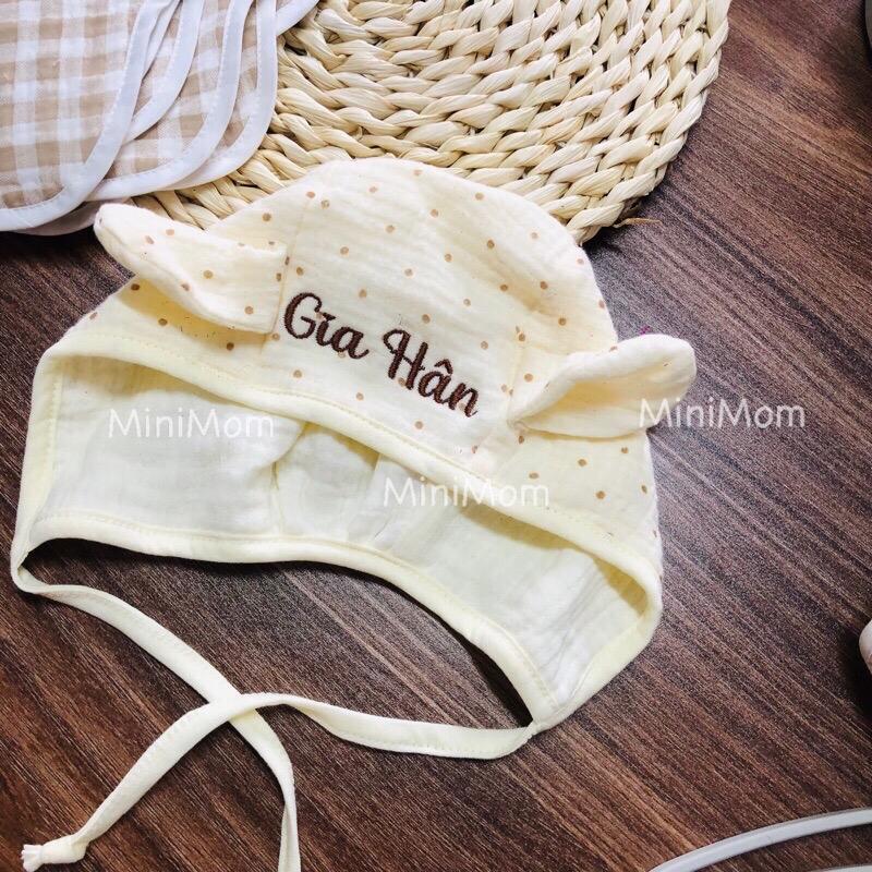   THÊU TÊN  Mũ bonnet xô muslin dày dặn 4 lớp MiniMom cho bé - Voi chất liệu an toàn tai gấu xinh xắn 