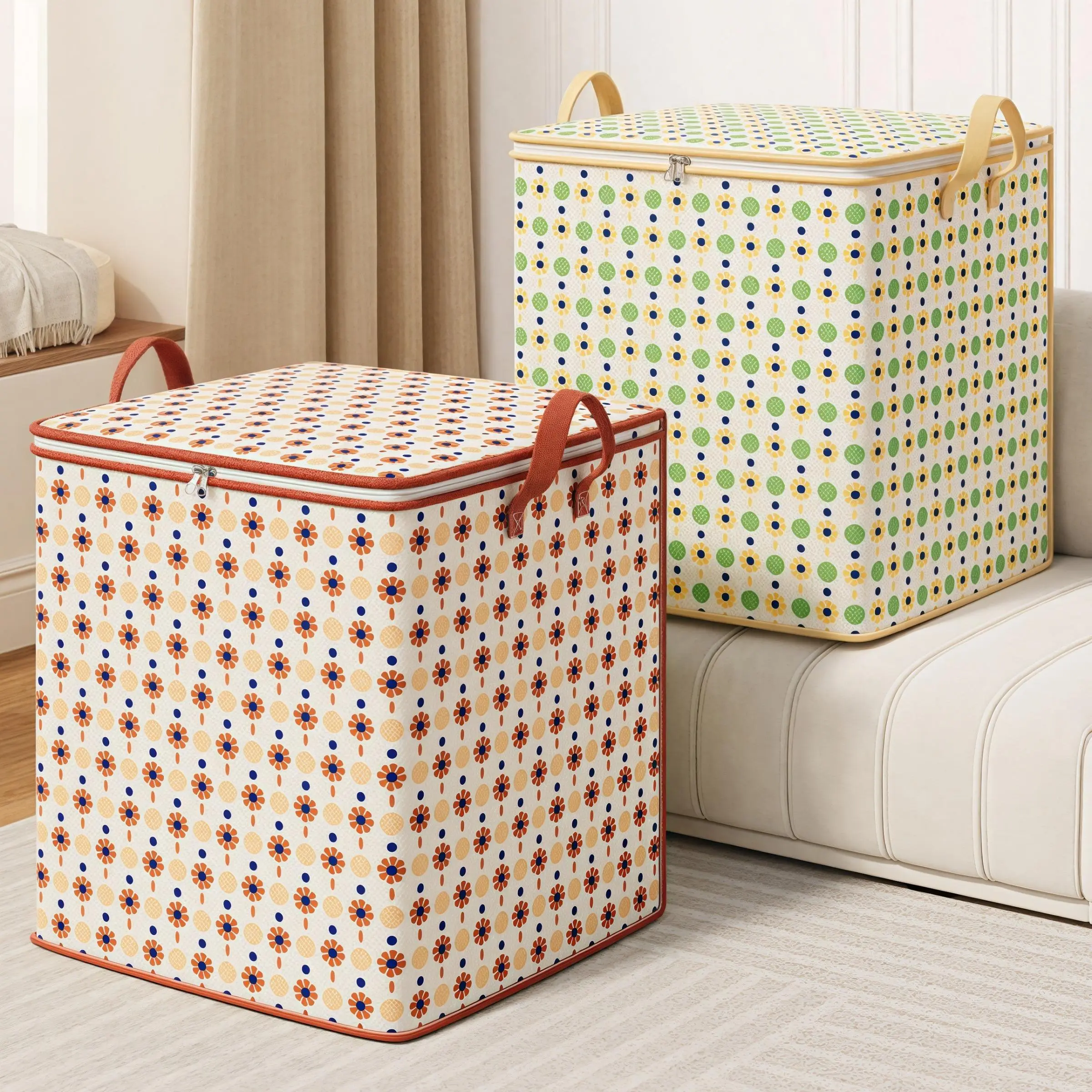 Bohemian Style Storage Bag, 2 Counts/set Multifunctional Foldable Clothes and Quilt Organizer Bag, Suitable for Moving and Seasonal Sorting