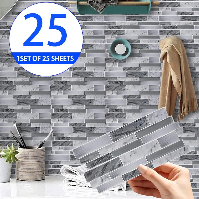 Faux Marble Pattern Tile Sticker, 25pcs/set Self Adhesive Tile Sticker, Waterproof & Oil-proof Wall Sticker for Home Kitchen Bathroom, Decor 0