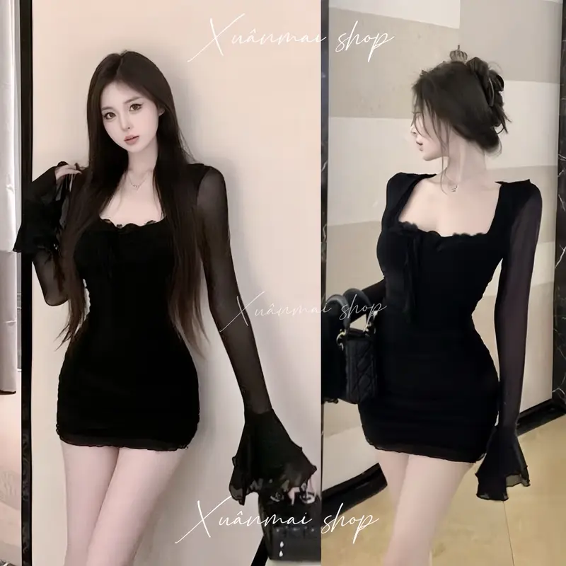 Đầm HOA TRƯỚC TUA RUA tay loe lưới nhúm hông ngắn XuânMaishop 0