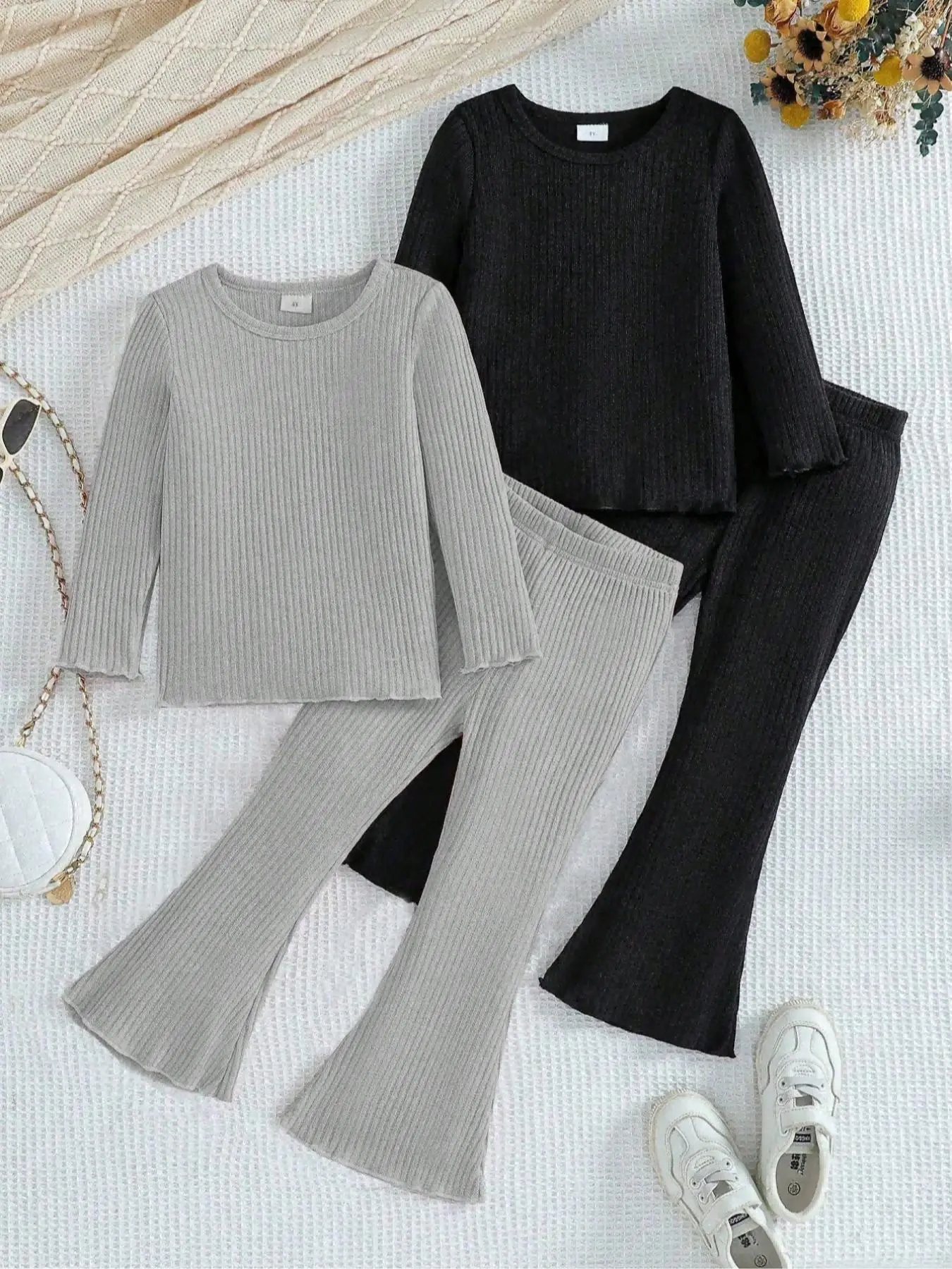 Girl's Solid Ribbed Top & Flare Leg Pants Set, Casual Long Sleeve Top & Bell Bottom Trousers for Fall & Winter, Kids Clothes for Daily Wear