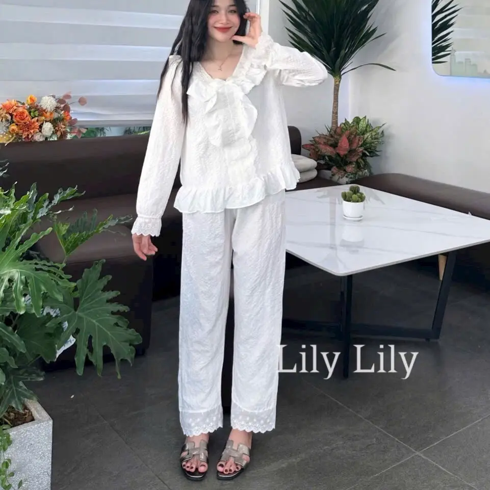(phương thảo đồ bộ)Sét đồ bộ ngủ nữ dài tay pha ren bèo chất đũi xốp mềm mịn mát