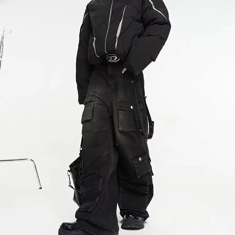 Multi-Pocket Retro Hong Kong Style Worn Jeans Loose Wide Leg Mop Slim Wide Leg American Style Hip Hop Trousers standing  jeans raw  denim jean