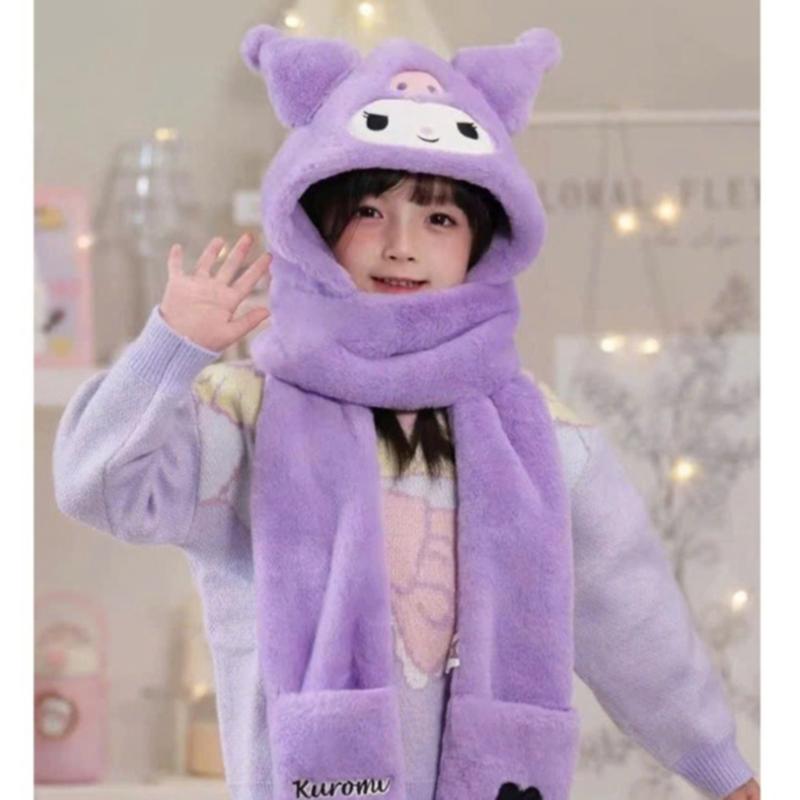 Mũ Lông Cừu 3in1 Hoạ Tiết  Kuromi Siêu Kute Mũ Kèm Khăn Quàng Cổ Và Sỏ Tay Kiểu Dáng Hàn Quốc Women Hoa 5