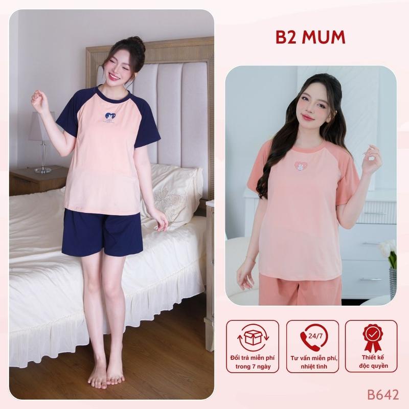 Bộ bầu mặc nhà và sau sinh chất cotton mềm, mát, có thiết kế vạch ngực cho bé ti, quần có chun chỉnh B642 B2MUM