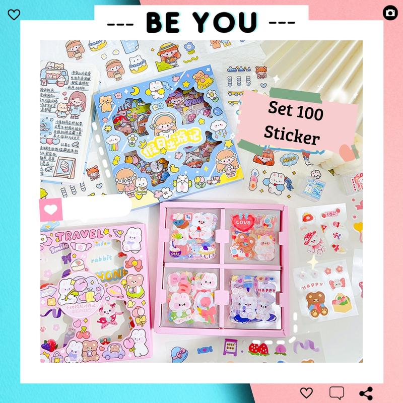 Hộp 100 Tấm Sticker Cute Cắt Sẵn Decor Sổ Vở, Miếng Dán Trang Trí Tập, Vở, Bình Nước Họa Tiết Dễ Thương - BEYOU