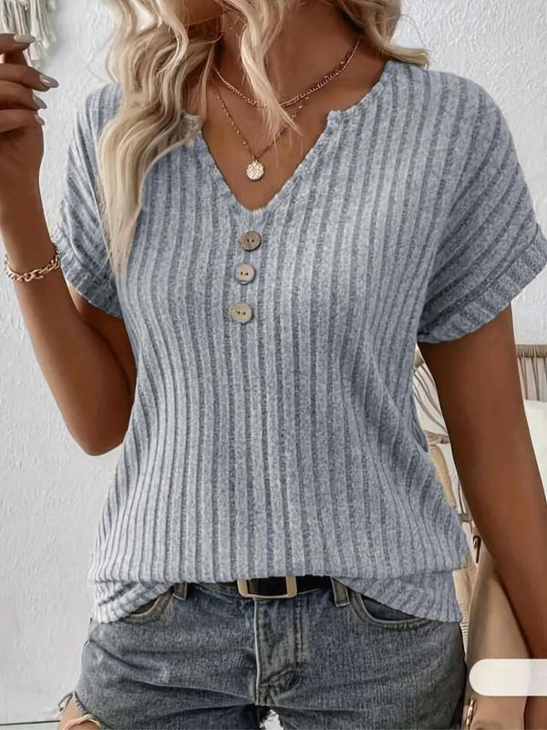 Women's Plain Button Decor Notched Neck Tee, Elegant Casual Fashion Short Sleeve Ribbed T-shirt for Summer, Ladies Clothes for Daily Wear, Womenswear 3