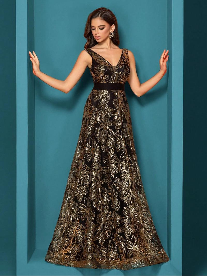Product Introduction of Women's Floral Sequins Backless Sheer V Neck Evening Dress, Summer Clothes Women, Lady's Dresses Summer, Elegant Sleeveless Maxi A Line Gown for Party Wedding Bridesmaid, Ladies Summer Clothing 1