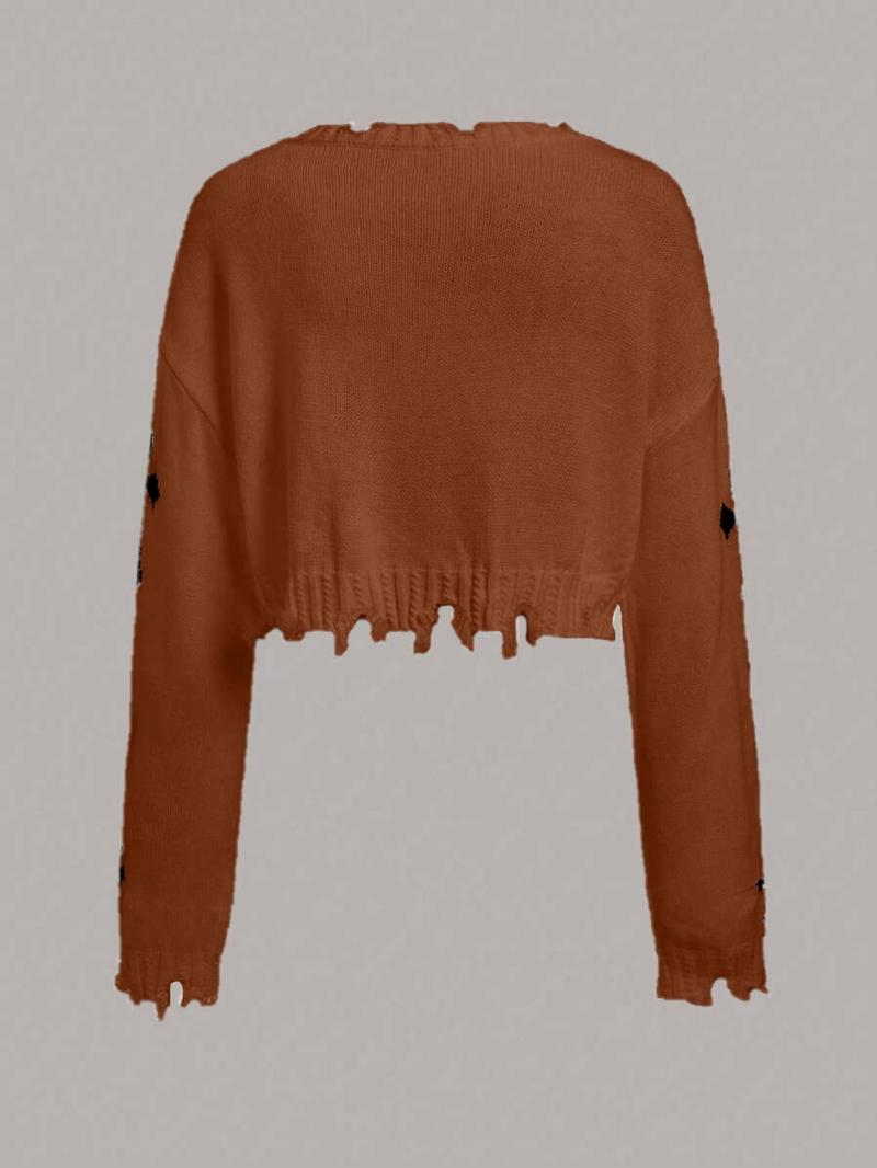 Product Introduction of Women's Cross Print Ripped Drop Shoulder Crop Sweater, Street Fashion Chic Style Long Sleeve V Neck Jumper for Daily Outdoor Wear, Ladies Knitwear for Spring & Fall, Tops for Women, Sweater for Women, Trending Clothing Women 13