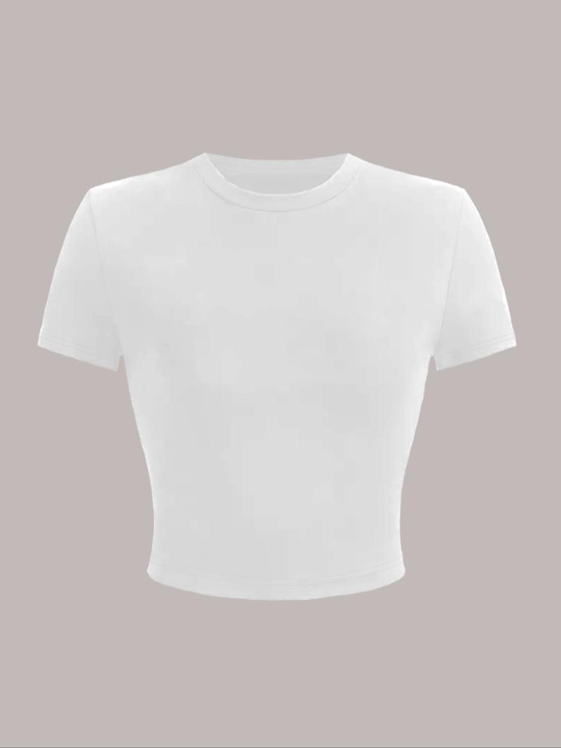 Product Introduction of Women's Plain Round Neck Crop Tee, Casual Short Sleeve Crew Neck T-Shirt for Summer, Fashion Women's Top for Daily Wear 1