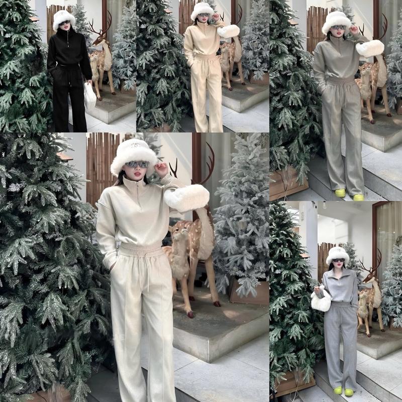 Set Bộ Đồ Nữ Áo Dài Tay Cổ Khoá Kéo Basic [ Nỉ LÓT LÔNG NHUNG ] Cổ Cao Mix Quần Dài Ống Xuông - Hoàng Linh Clothing SB 147