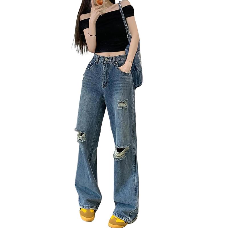 Quần Jean Nữ, Quần Suông Ống Rộng Xanh Đậm Rách Đẹp Rẻ Dành Cho Big Size 4486 4543 60kg đến 90kg Denim Pants Ong Women