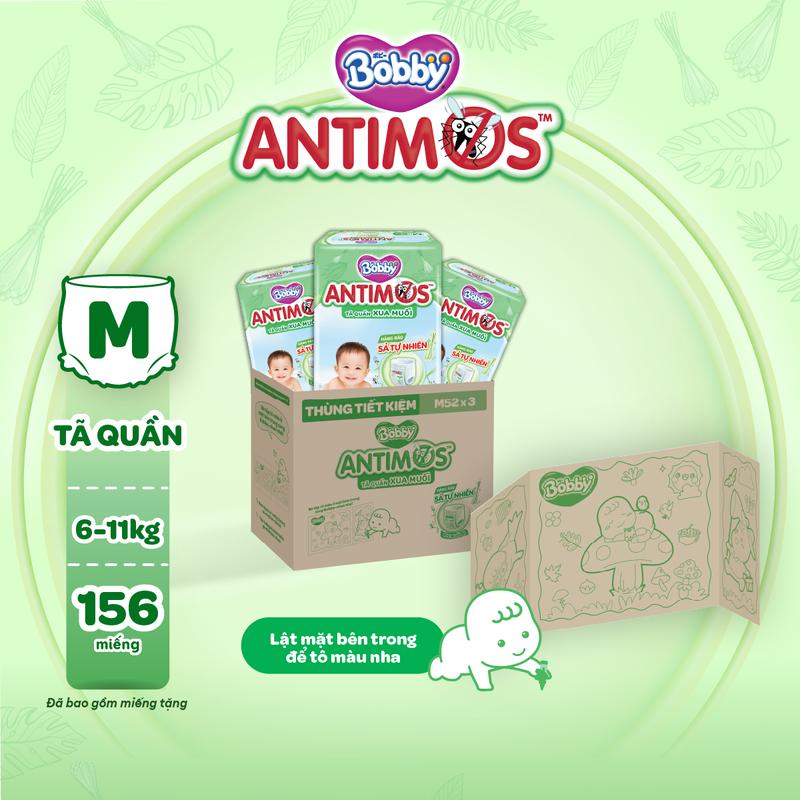 [THÙNG TIẾT KIỆM TÔ MÀU] Combo 3 gói Tã/bỉm Quần Xua Muỗi Bobby Antimos – Hàng rào Sả tự nhiên Bye Muỗi 8H - M52/L50+2/XL48+4/XXL46+6