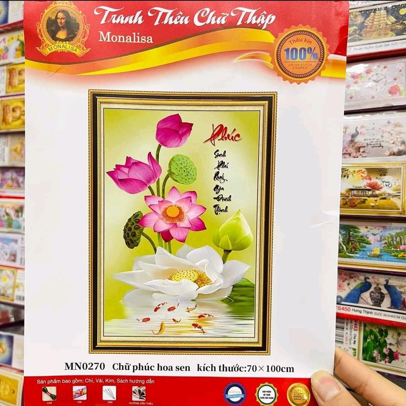 Tranh thêu chữ Phúc Hoa Sen MN0270-70x100cm 0