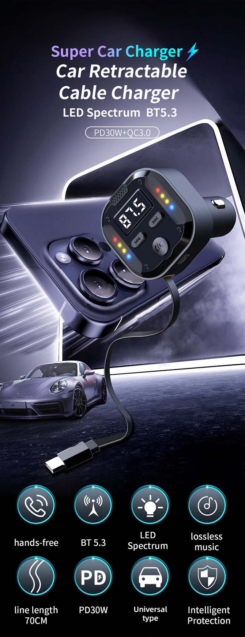 Product Introduction of Car Bluetooth mobile phone charger retractable car conversion super fast charging one to two flash charging storage charging cable 6