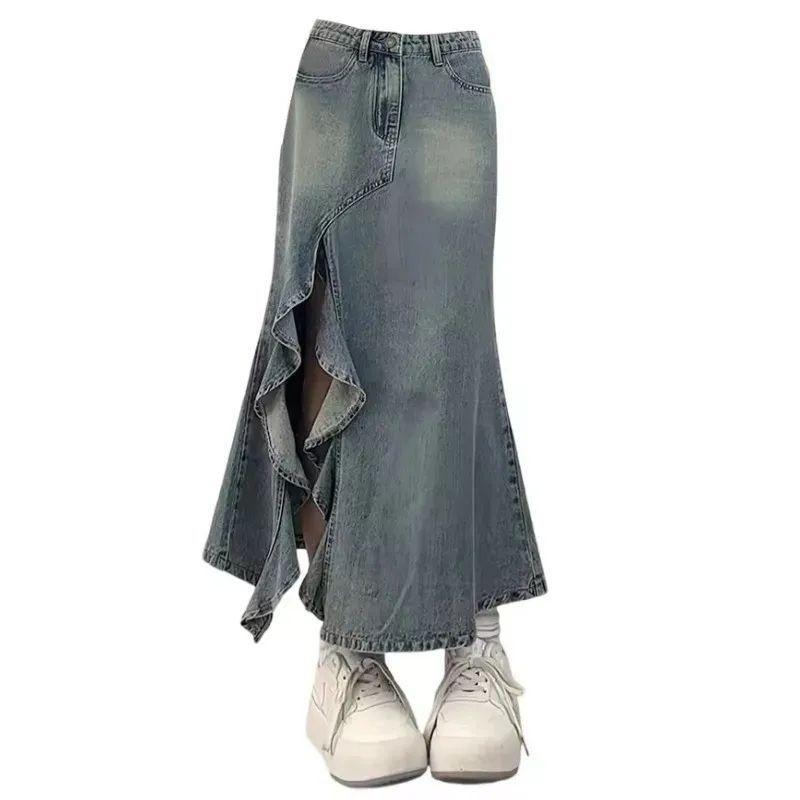 Chân Váy Denim Xẻ Tà Bất Đối Xứng Đuôi Cá, Phong Cách Cổ Điển Dành Cho Nữ, Màu Xanh Dương Cổ Điển Với Gợn Sóng Ren, Cạp Cao, Cỡ Nhỏ Gọn, Chân Váy Bodycon Cô Gái Nóng Bỏng, Năm 2024 2