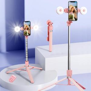 Christmas Gift, 70" Wireless Selfie Stick with 2 Round Light, Selfie Stick with Remote Control, Selfie Stick with Tripod for Phone, Camera, Retractable Photography Selfie Stick